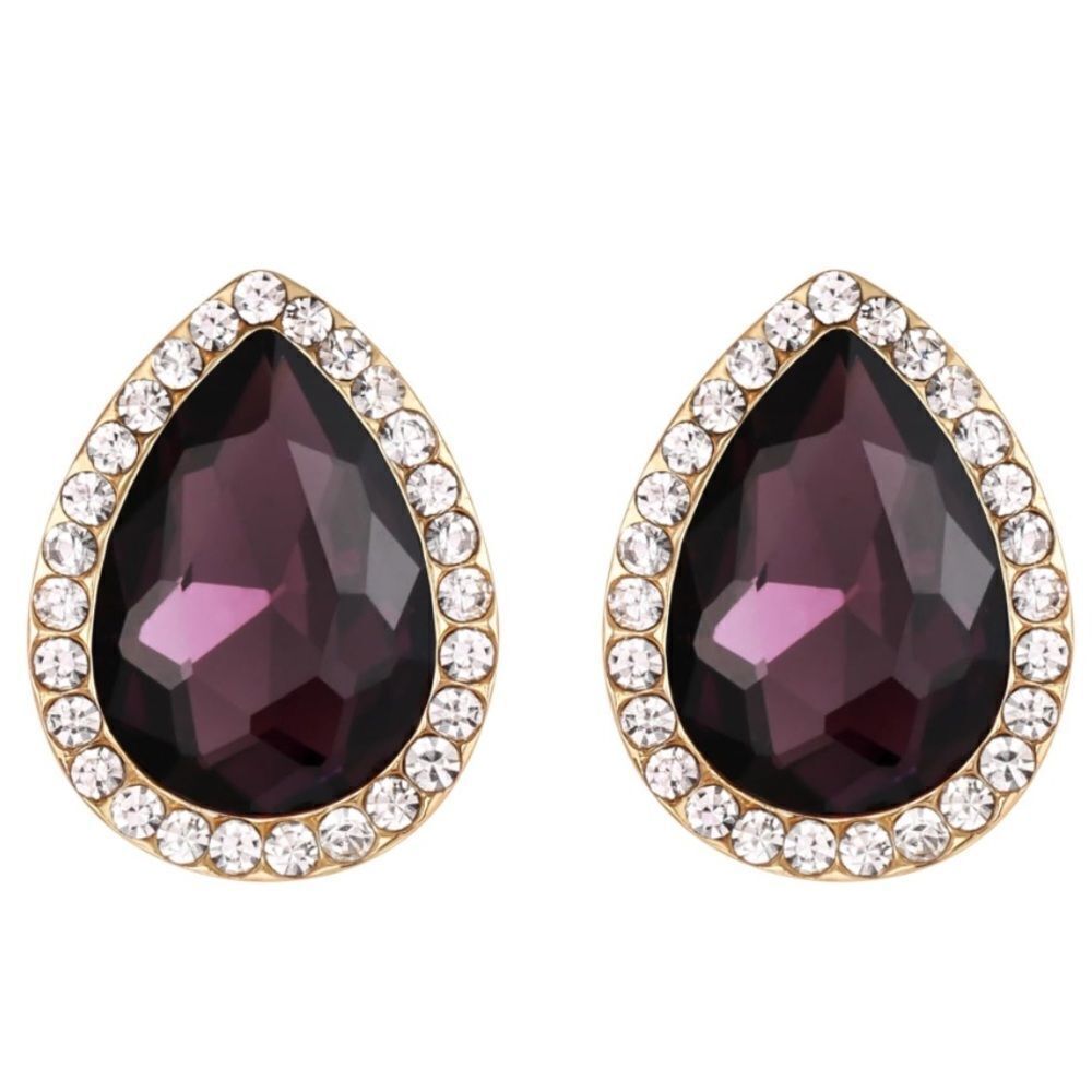 Yellow Gold with Amethyst and Diamond Austrian Crystal Teardrop Stud Earrings